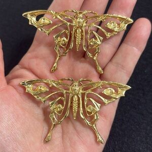Elegant Butterfly Post Clip Gold Tone Statement Earrings
